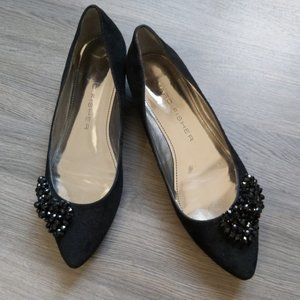 Marc Fisher black suede low heeled pumps with rhinestone embellishments, 8.5